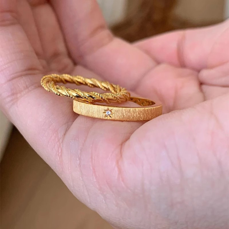 中古拉丝水芒星戒指女拉丝点钻个性小众设计高级叠搭百搭通勤