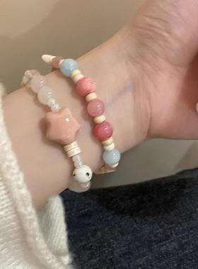 马卡龙色系小象陶瓷串珠手链2023女生饰品小众手串多巴胺手饰