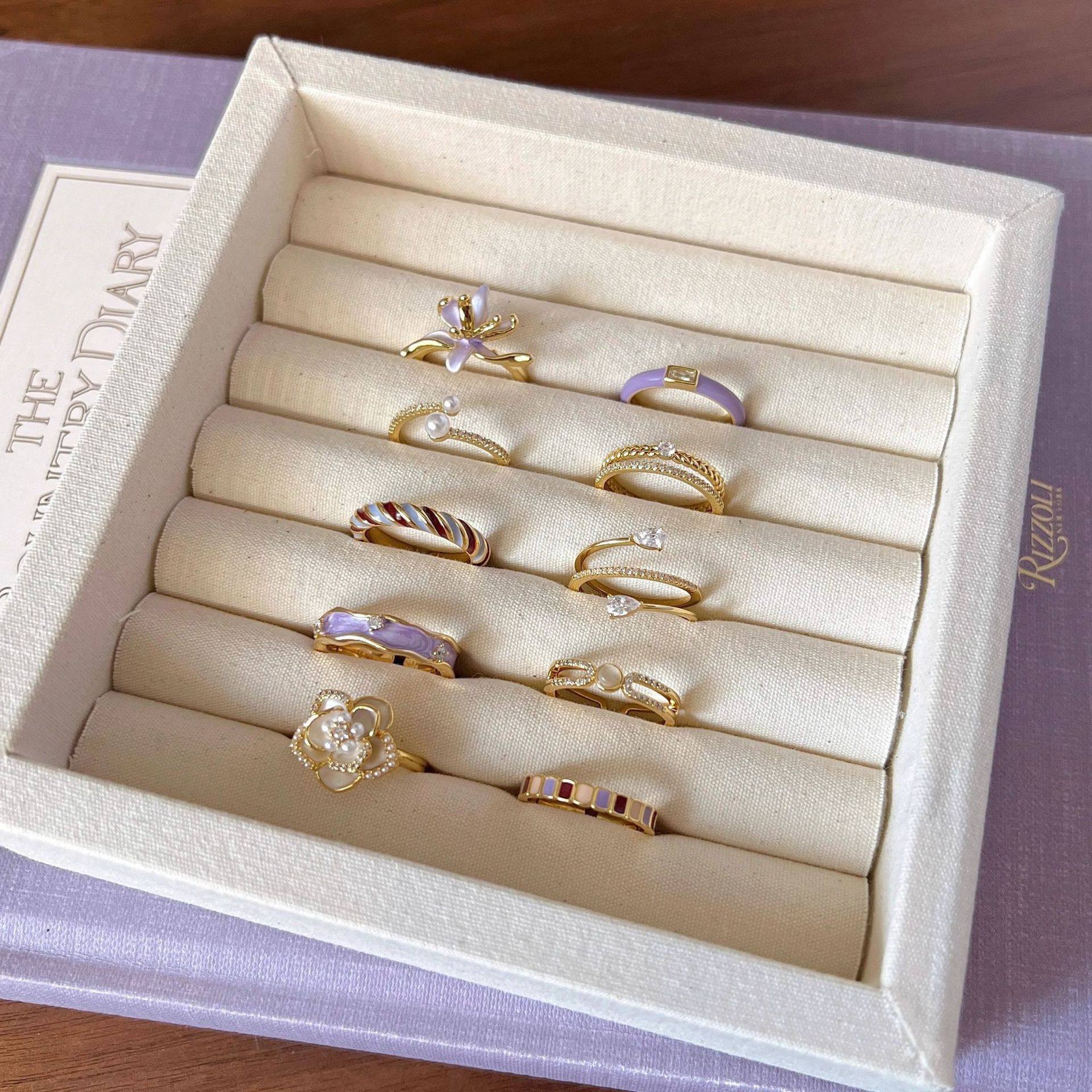 法式鸢尾花紫罗兰珐琅滴油锆石戒指女轻奢小众高级食指戒指环