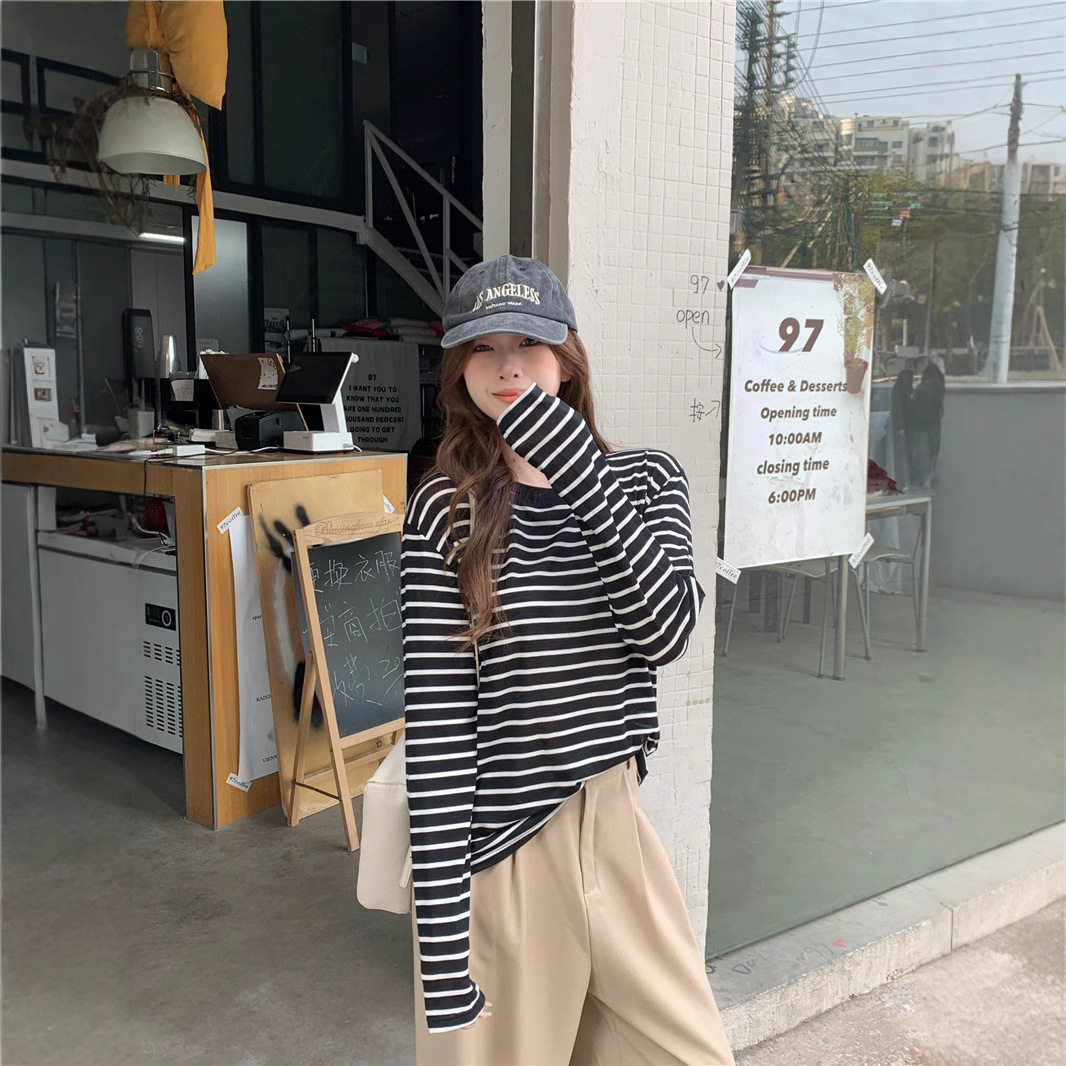 黑白条纹防晒长袖t恤女夏季2026新款薄款圆领冰丝罩衫外搭体恤女