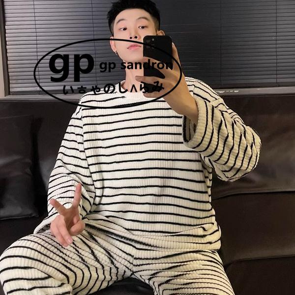 日本gp法兰绒睡衣男女款条纹大码