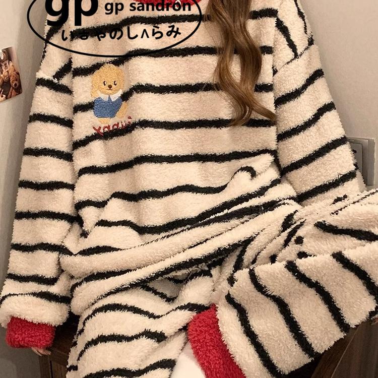 日本gp条纹小熊珊瑚绒睡衣女