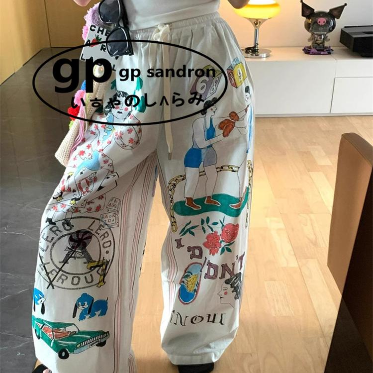GP Sandron甜美涂鸦印花睡裤女款夏季韩版大码高腰家居服休闲裤子
