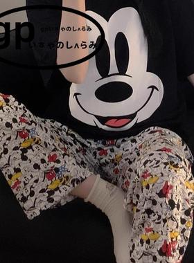 GP Sandron黑色米奇纯棉睡衣夏男女士短袖长裤秋季卡通家居服套装