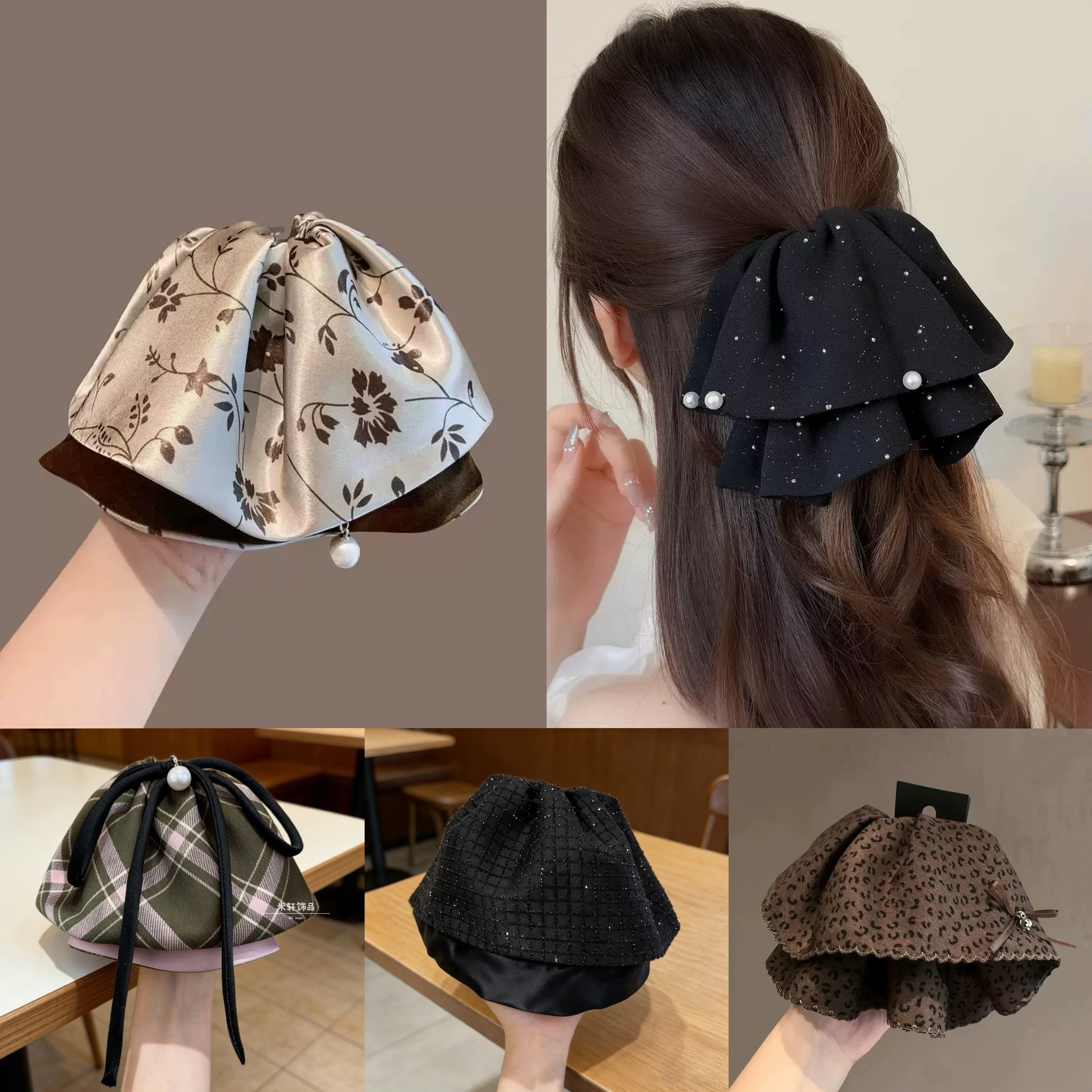 豹纹国风新中式碎花波点条纹珍珠裙摆马尾夹气质半扎发抓夹发卡子