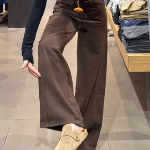 浪潮美式咖色弯刀牛仔大码女装秋冬款胖mm宽松显瘦直筒阔腿拖地裤