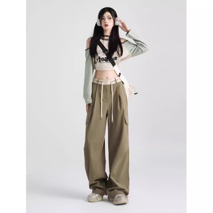 浪潮胖妹妹mm工装裤运动裤女2025春夏新款抽绳高腰显瘦休闲阔腿裤