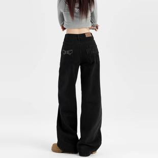 浪潮黑色阔腿牛仔裤女2025春新款高腰宽松显瘦慵懒感蝴蝶结直筒裤