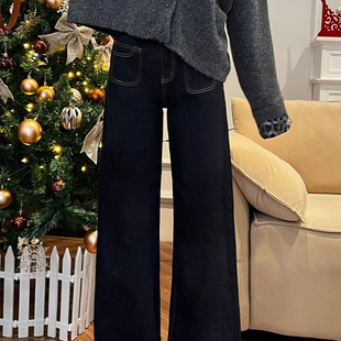 浪潮深蓝色牛仔裤女春款大码胖mm梨形身材宽松高腰显瘦直筒阔腿裤