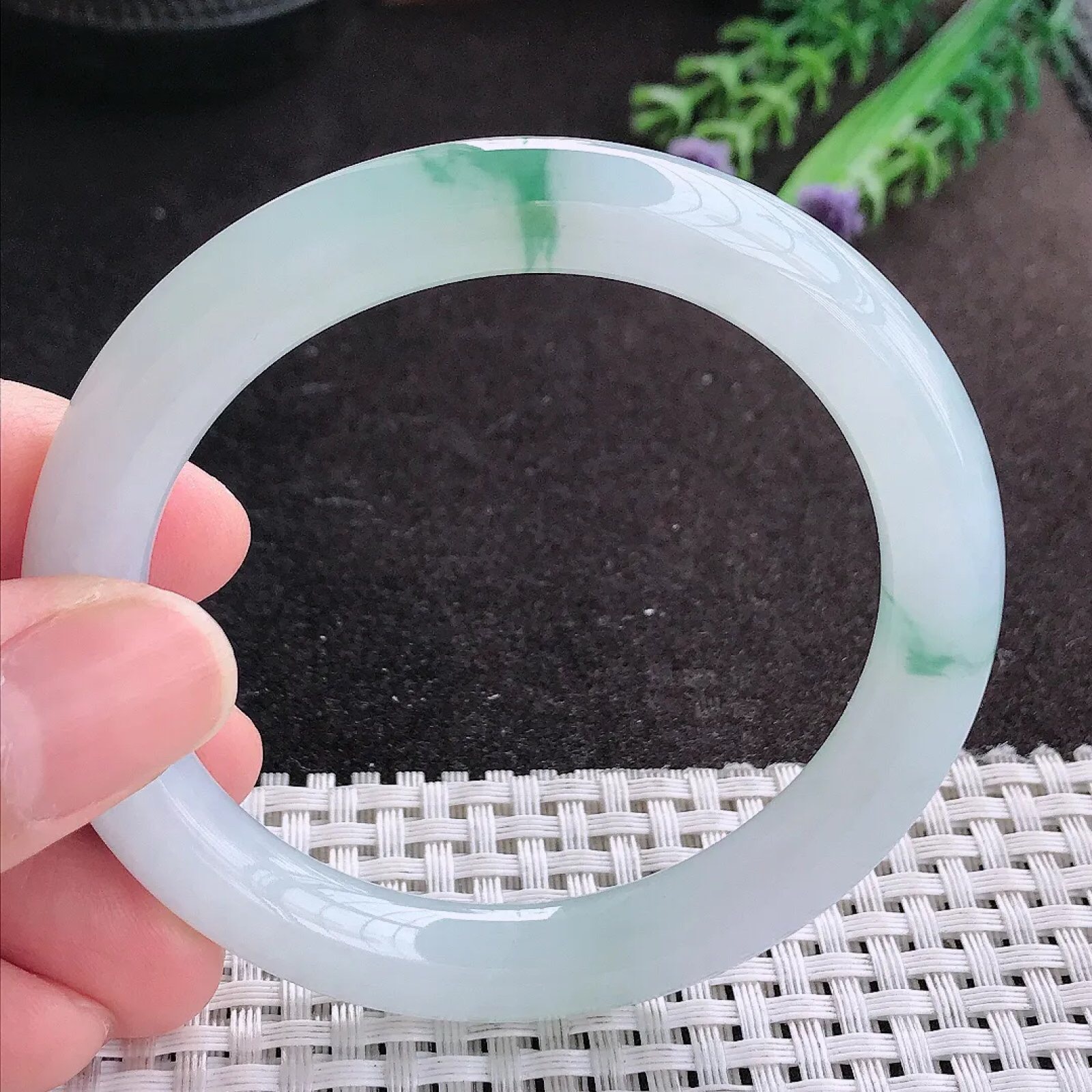 缅甸A货翡翠54.5/9老坑冰胶果冻飘花圆条手镯翡翠玉镯