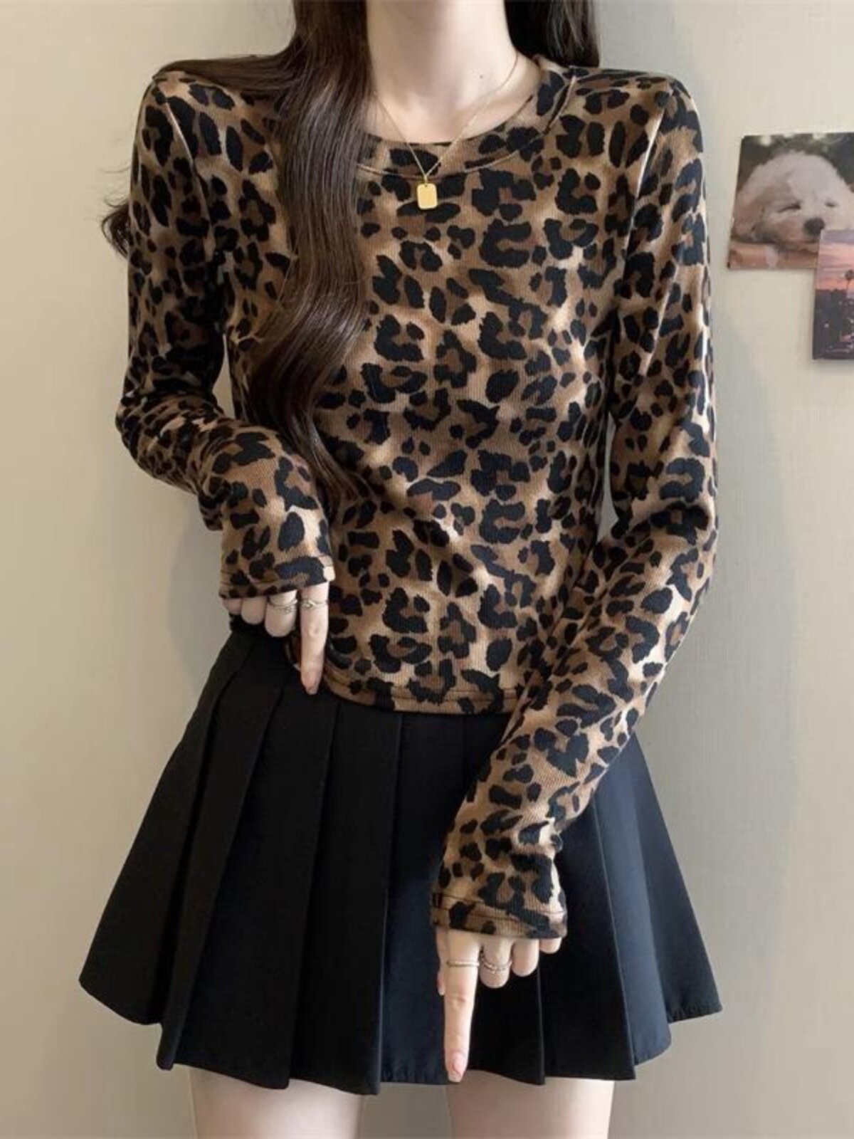 豹纹长袖T恤女2025春秋新款大码女装修身显瘦时尚气质打底上衣女