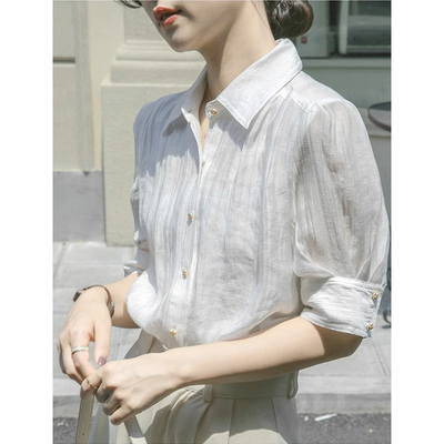 气质白色短袖衬衫女夏季薄款2025新款设计感小众法式时尚亚麻上衣