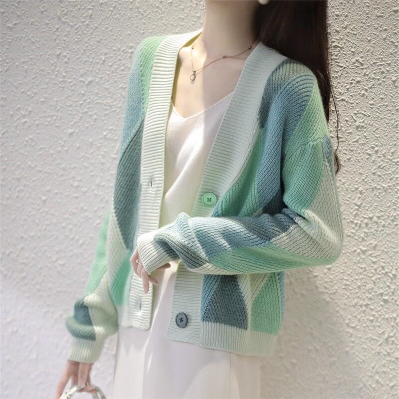 宽松外穿针织开衫女春秋2025新款时尚减龄毛衣外套女长袖拼色上衣