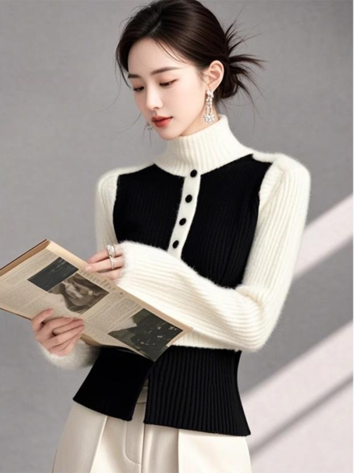高领对比色优雅女士秋冬毛衣2025新款软糯时尚慵懒纤细针织上衣女