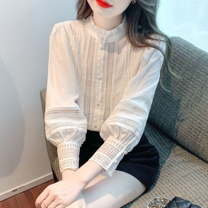 镂空别致长袖衬衫女春季设计感小众2025新款立领灯笼袖衬衣女别致