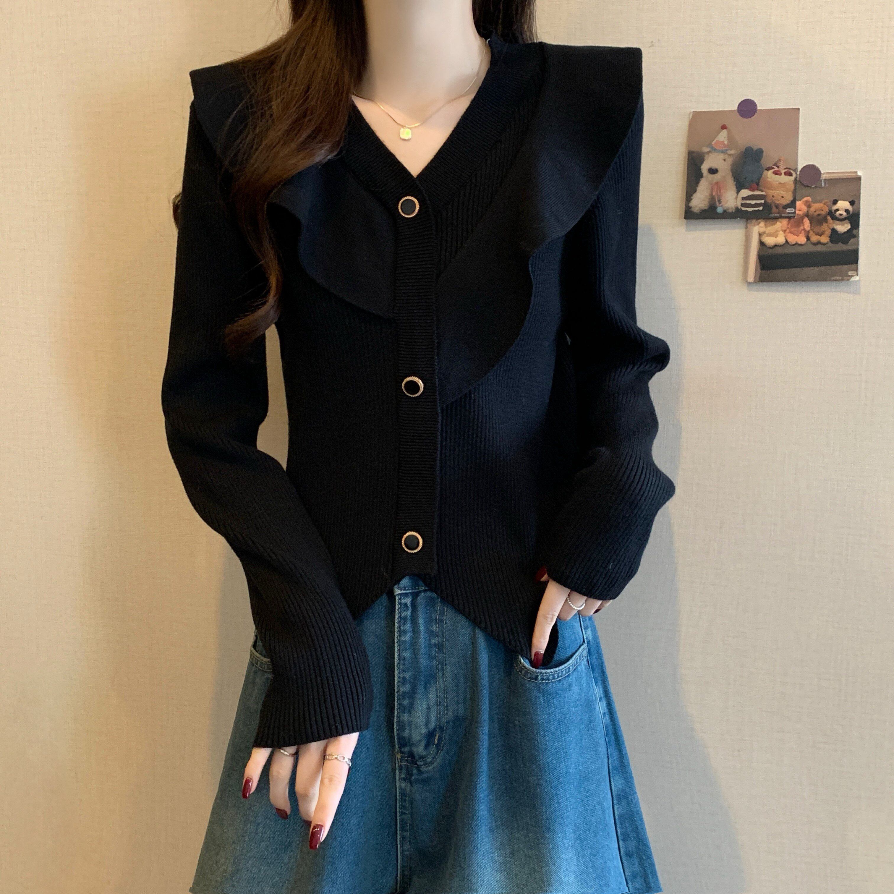 高级感V领针织衫女春秋2026新款大码荷叶边内搭打底上衣女设计感