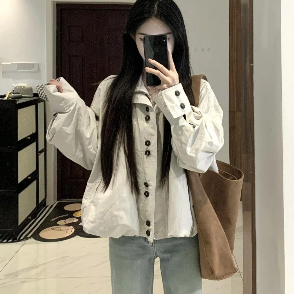 韩版宽松工装夹克外套女春秋2026新款设计感花苞长袖短款风衣上衣