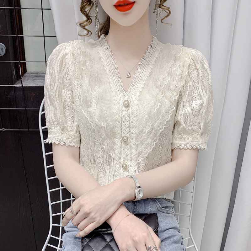 雪纺衫女短袖2022新款夏季蕾丝花边t恤女设计感小众气质短款上衣