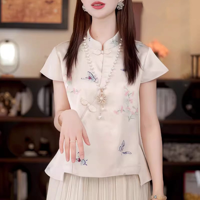 立领绝美国风盘扣短袖衬衫女夏季2025新款桑蚕丝新中式气质上衣女