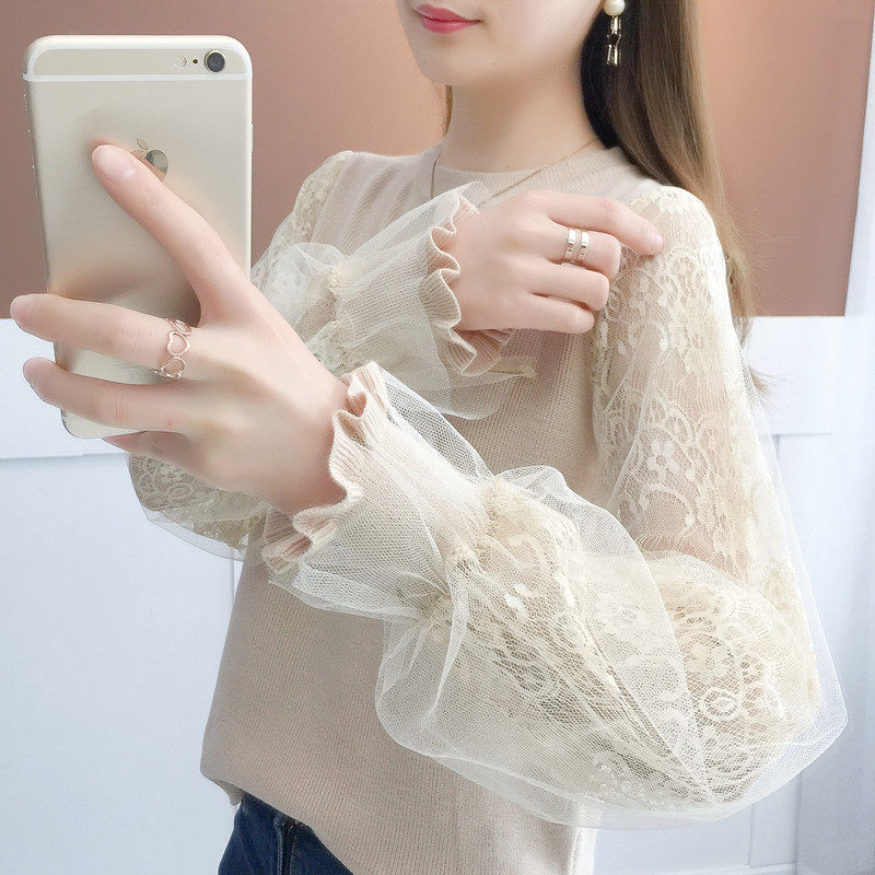 套头宽松针织衫女2025春秋新款洋气加绒加厚百搭蕾丝袖毛衣女外穿