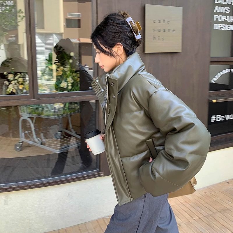 美拉德羽绒棉服女冬季2026新款小个子pu皮棉衣外套女宽松立领时尚