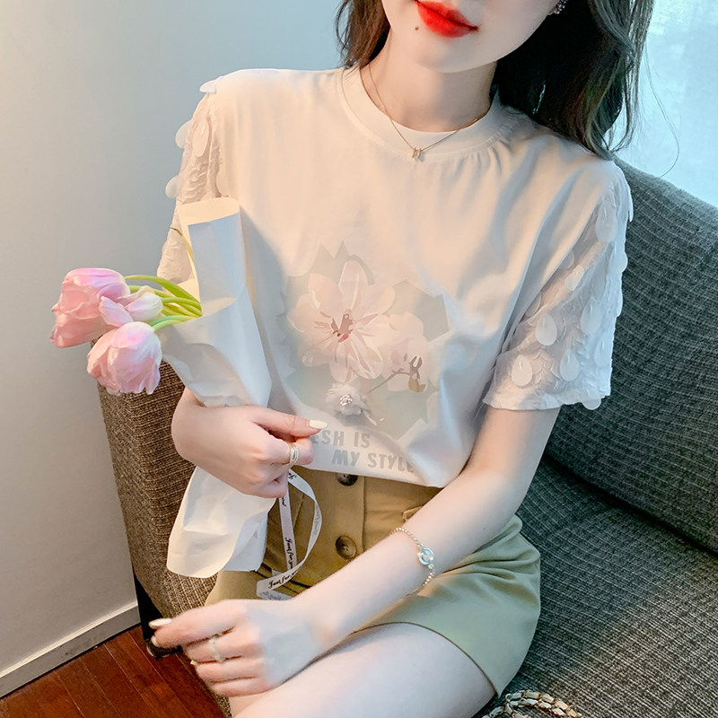 白色纯棉短袖T恤女夏季2022年新款洋气拼接小衫印花雪纺减龄上衣