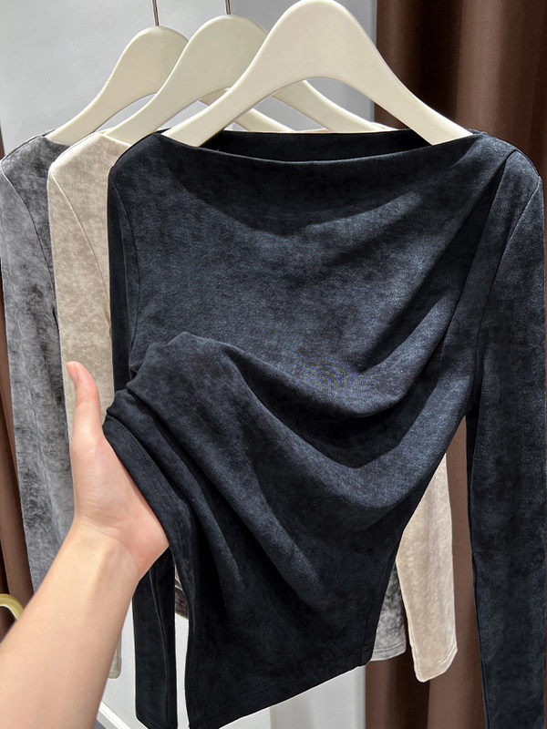 一字肩软糯打底衫女秋季内搭2025新款设计感水墨扎染高级感上衣女