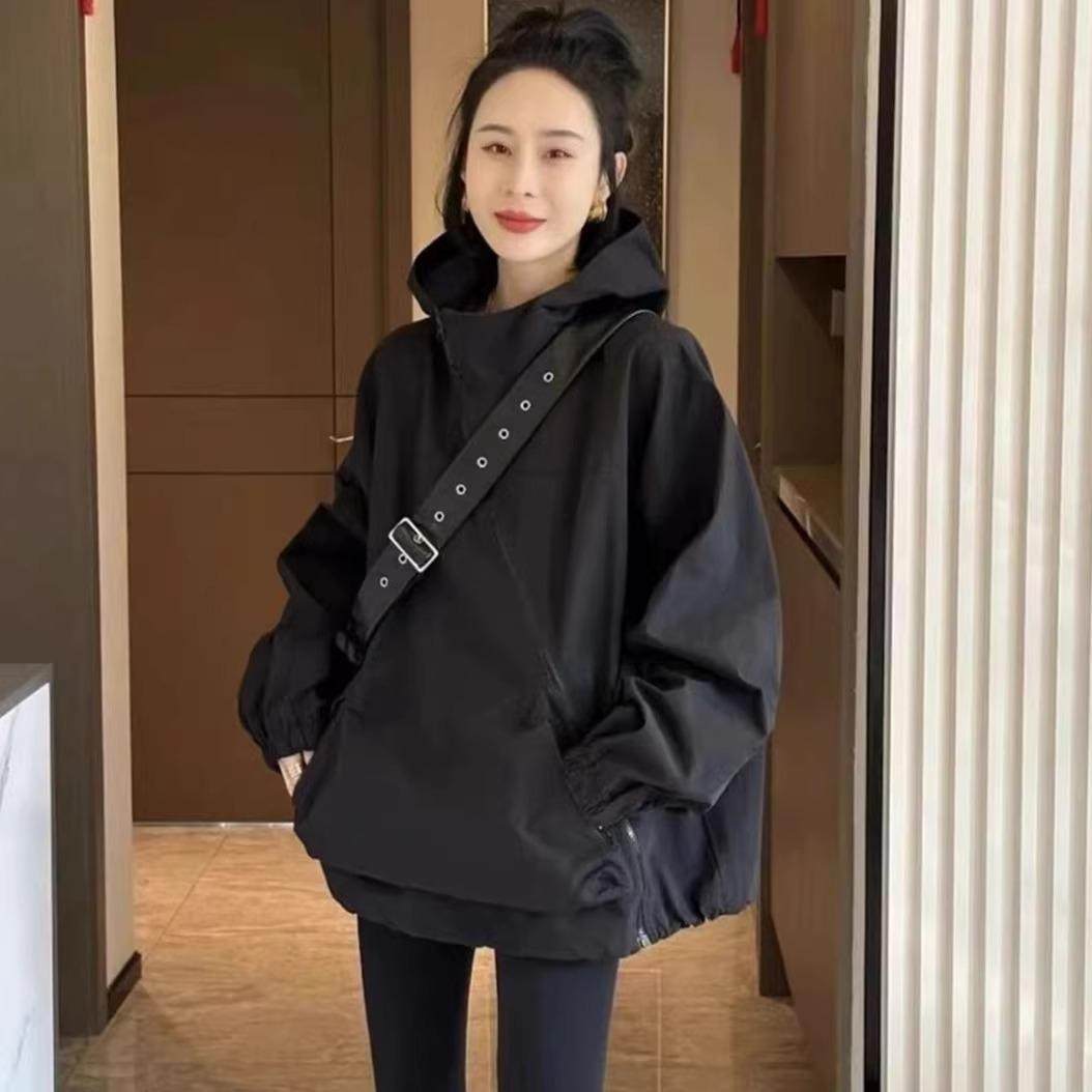 连帽斜门襟夹棉美式冲锋衣女春秋2025新款休闲 宽松慵懒夹克外套