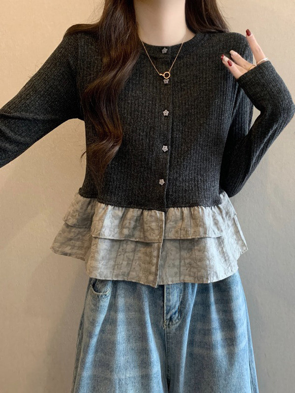 荷叶边下摆正肩长袖T恤女秋季2025新款大码洋气漂亮小衫花边拼接