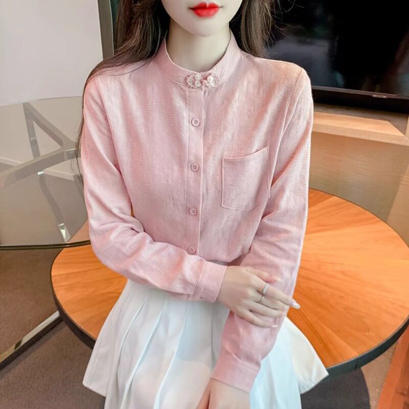 立领盘扣衬衫女春秋季2025新款减龄新中式纯棉T恤设计感提花上衣