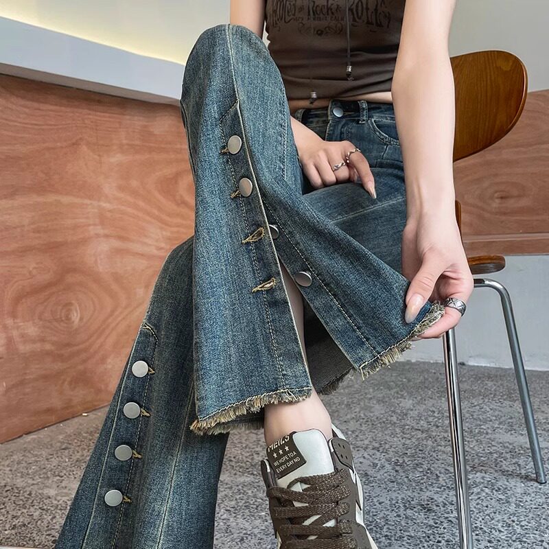 覆古毛边微喇牛仔裤女2025年春季新款直筒显瘦开 叉时尚阔腿九分