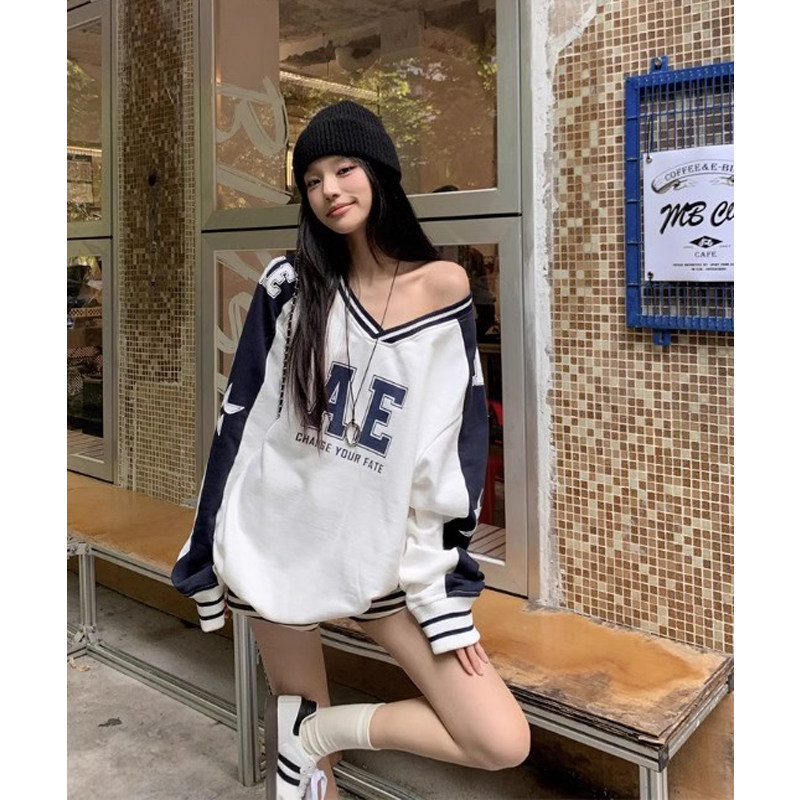 美式复古V领印花拼接卫衣女秋季2026新款宽松设计感小众休闲上衣