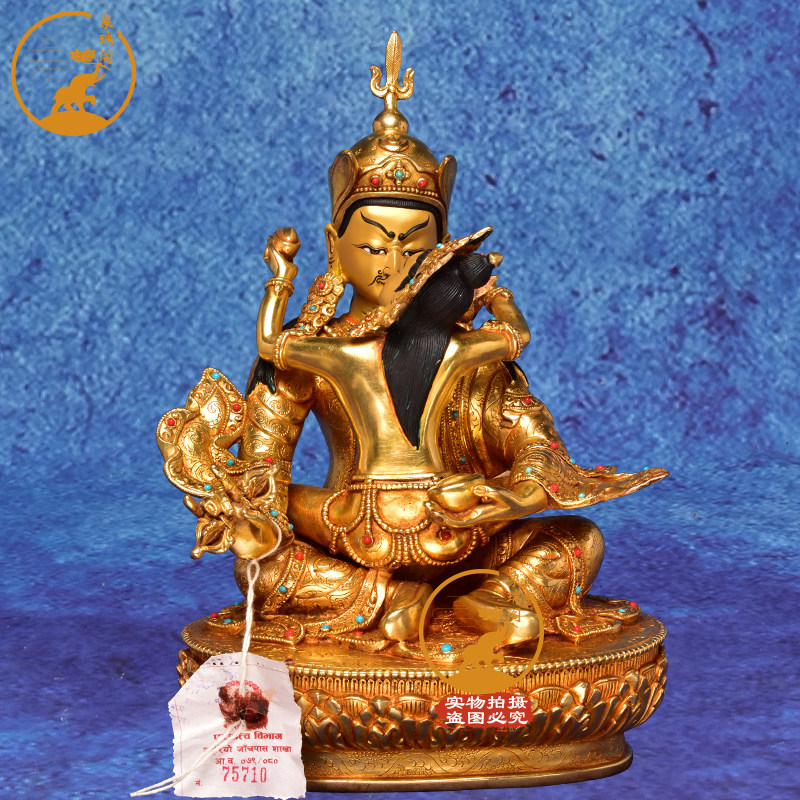 尼泊尔进口手工篆刻莲花生大师铜像莲花生大士双身桌面摆件24厘米