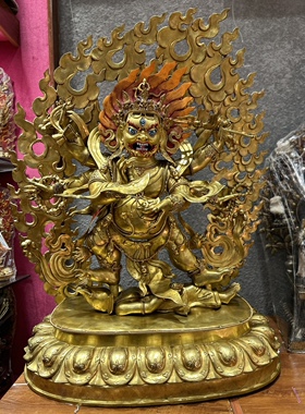 尼泊尔释迦族手工艺佛像一米护法铜鎏金六臂玛哈嘎啦