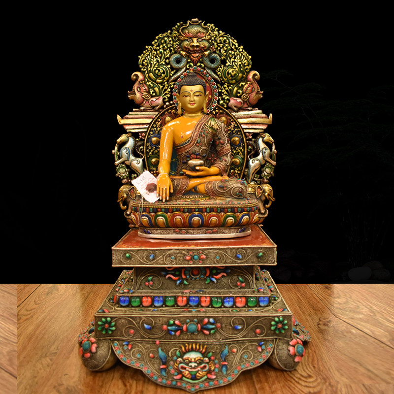 尼泊尔进口释迦牟尼藏传密宗紫铜彩绘掐银丝释迦摩尼佛像