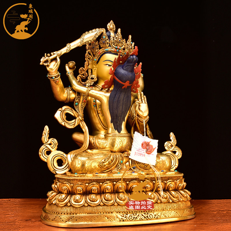 尼泊尔释迦族手工艺双身紫铜鎏金一尺文殊菩萨双修佛铜像33厘米