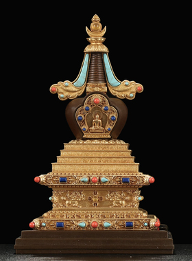 密宗西藏纯铜底座镶嵌宝石菩提塔