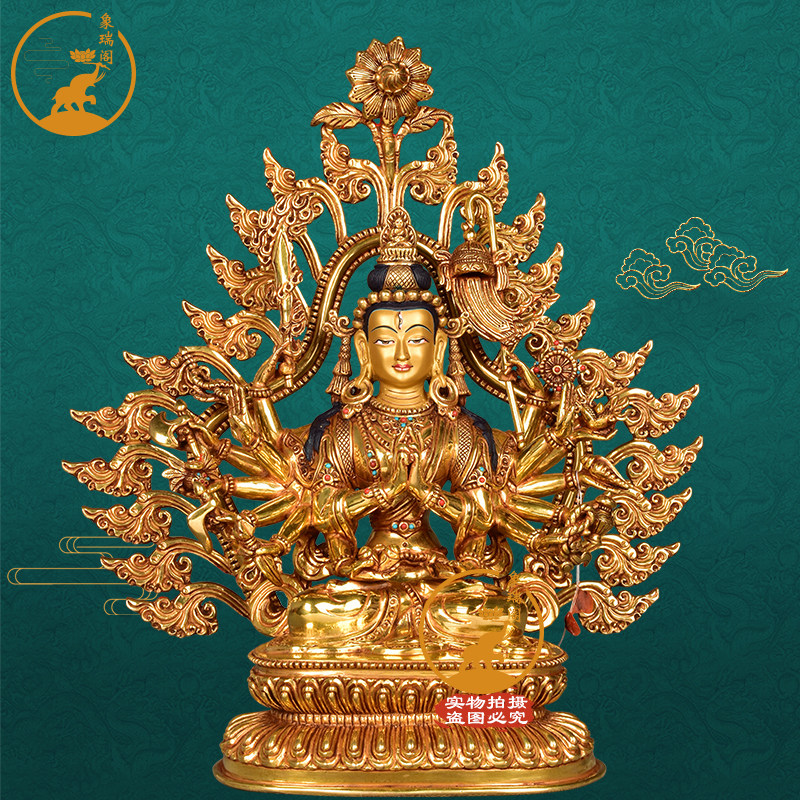 密宗摆件尼泊尔进口手工铜全鎏金双层莲座准提佛母佛像37厘米