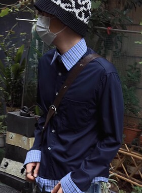 STA GTAL抗皱藏蓝色衬衫领假两件拼接格纹长袖衬衫miu系翻领T恤