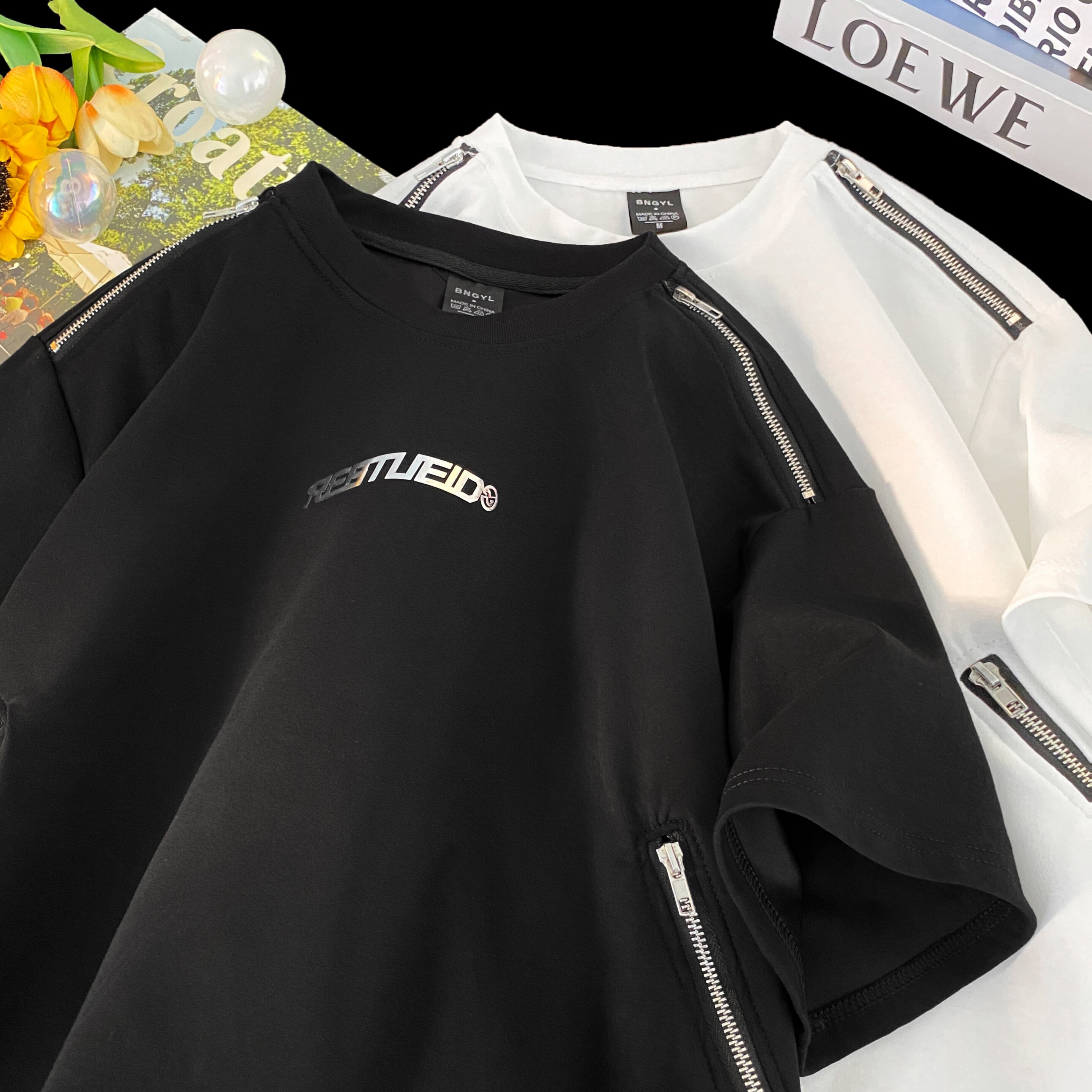 STA GTAL解构拉链垫肩短袖t恤重磅半袖T恤美式高街痞帅宽松五分袖