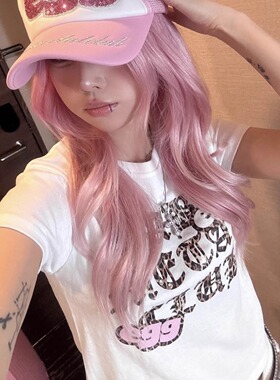 凡他姨【够亚够辣】古早日系亚比风豹纹字母印花T恤正肩修身短袖