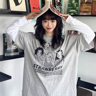 凡他姨 古早漫畫美少女印花T恤寬松純棉圓領短袖 夏季 鄰家少女