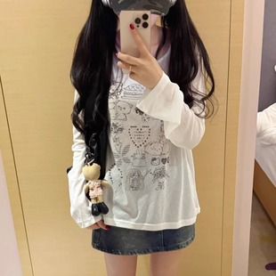 亞比漫畫印花長袖 凡他姨 小眾日記 個性 女 T恤寬松微透斜肩罩衫