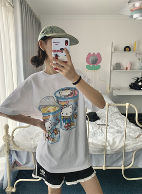 凡他姨【KT泡面】原创搞怪印花T恤宽松纯棉圆领短袖kitty上衣女B