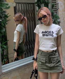 弹力小上衣短款 凡他姨 圆领修身 字母印花正肩短袖 T恤 忧郁病娇