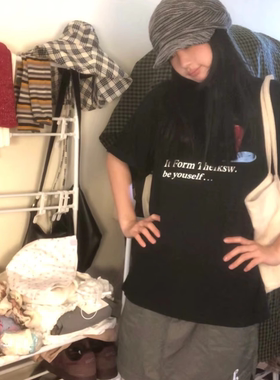 凡他姨【落泪苹果】夏季显瘦黑色T恤可爱印花T恤纯棉短袖情侣装