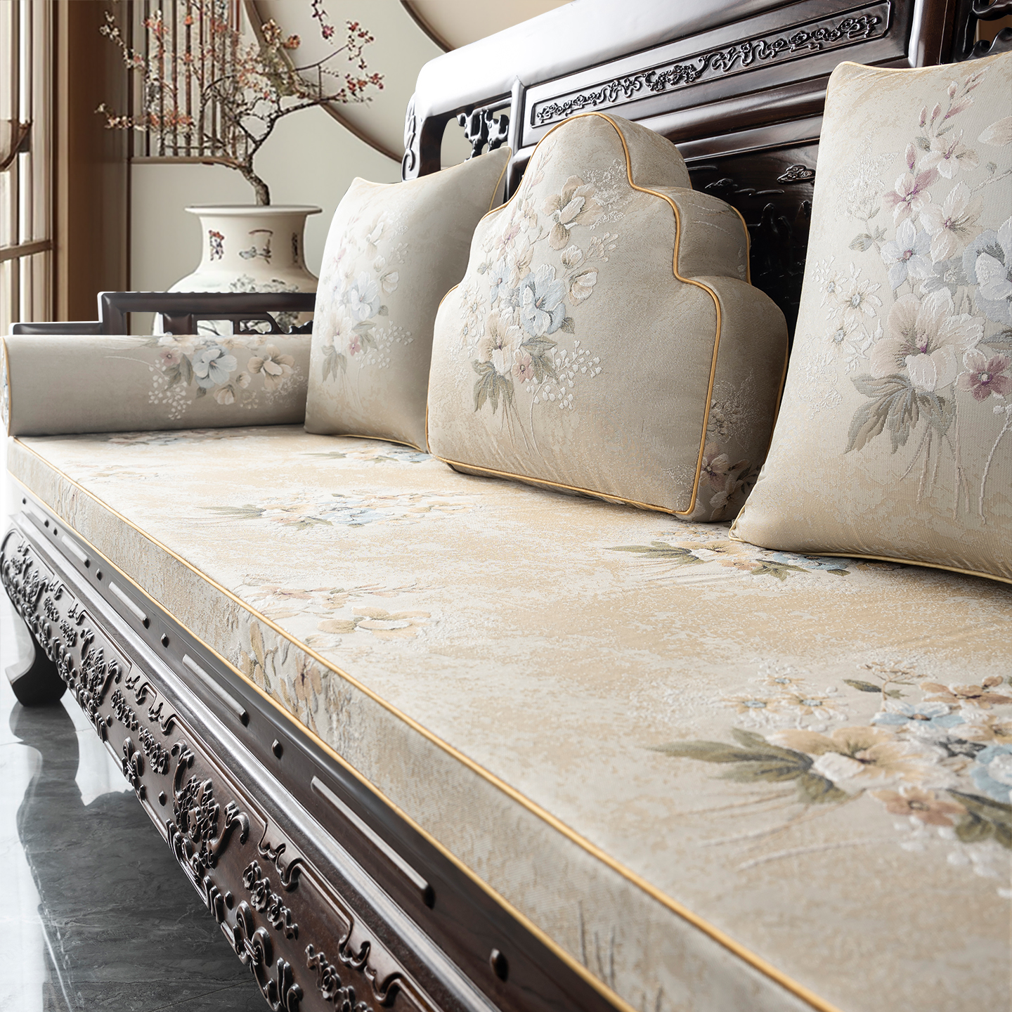 新中式红木沙发垫定制实木家具坐垫罩套高端轻奢罗汉床五件套垫子