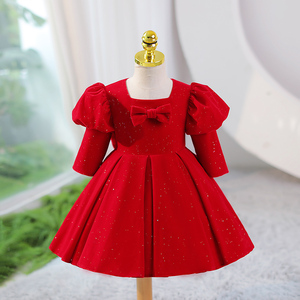 韩版花童婚礼女童生日礼服红色小女孩演出服儿童周岁公主裙秋长袖