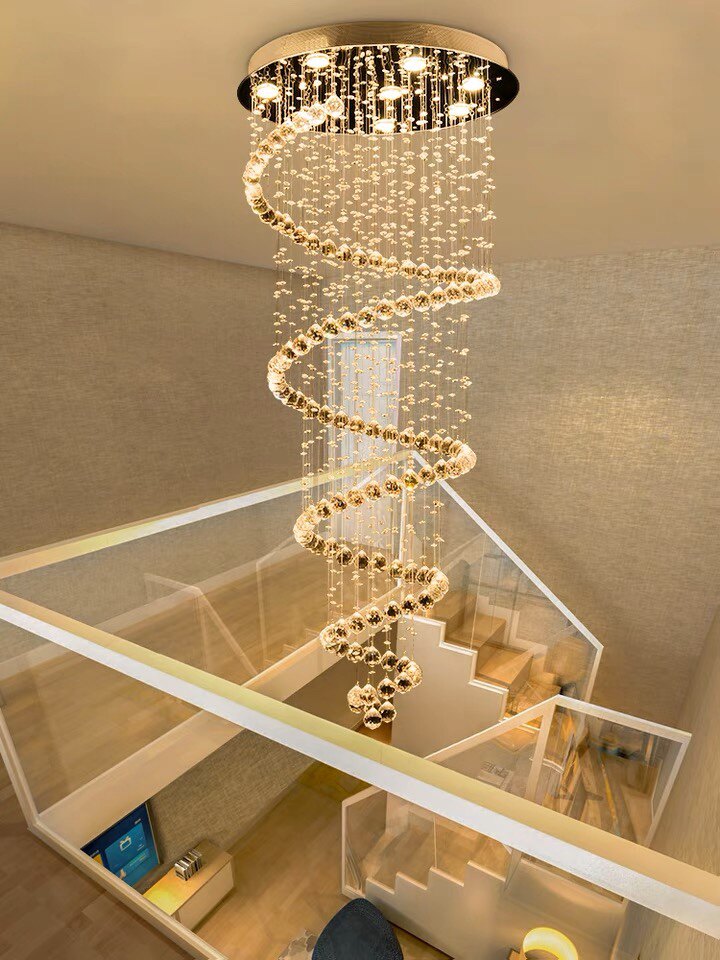 楼梯间吊灯 现代简约别墅复式旋转楼梯客厅大厅led螺旋水晶长吊灯