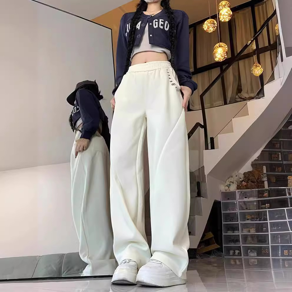 2024设计感字母刺绣休闲裤女冬季加厚宽松直筒裤阔腿裤长裤子